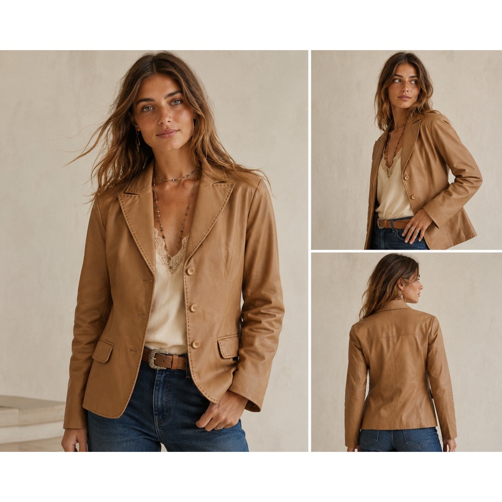 Vintage Pendleton Camel Brown Leather Jacket 2 Button Blazer Women's Medium Tall